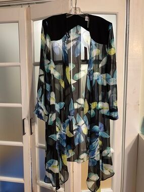 Joseph Ribkoff Black Sheer Floral-Print Duster with Blue and Yellow Accents
